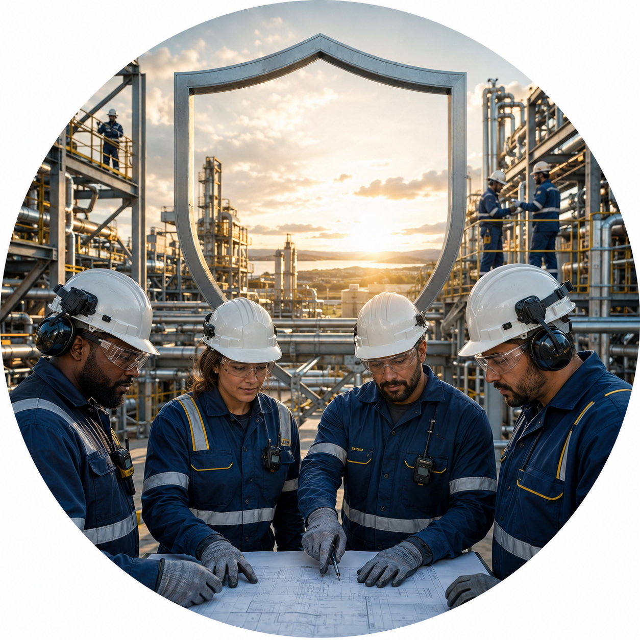 Equipe industrial representando segurança, colaboração e excelência